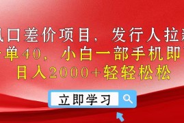 很火热门给力项目项目，风口差价项目，发行人拉新，差价一单40，小白一部手机即可操作，日入20...